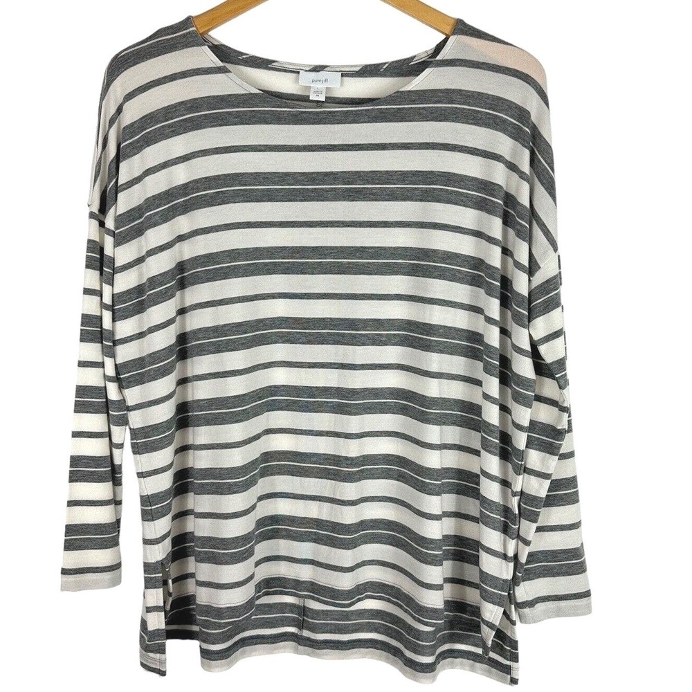 Pure Jill Stripedβ Tunic Top Womens XS Oversized Grey White Long Sleeve Tencel